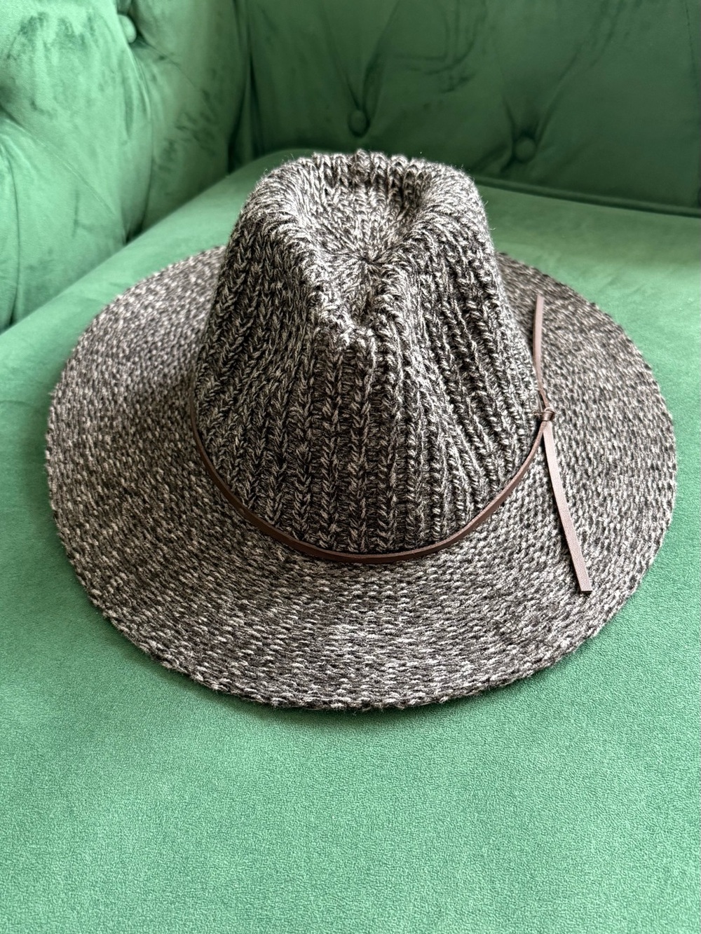 C.C Marled Gray Knit Fedora with Brown Leather Trim